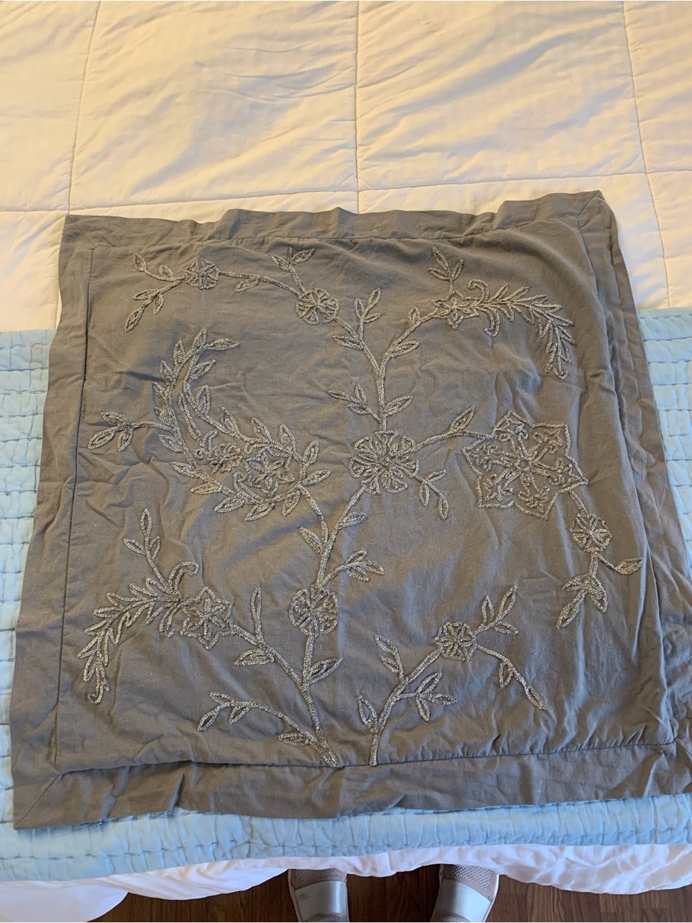 Pottery Barn Gray Embroidered Floral Throw Pillow Cover